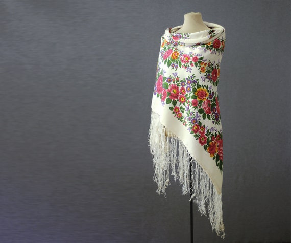 white silk Russian shawl with floral garlands mad… - image 3