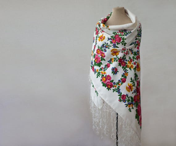 Russian shawl, silk shawl, tasseled shawl, white s