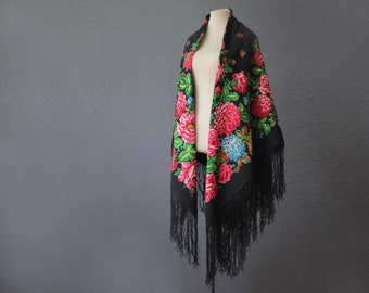 Hand block printed Russian shawl with hydrangea, black with pink and turquoise, vintage from 1960s, museum grade