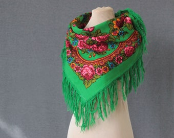 green Russian shawl, kelly green scarf wool, Pavlovo Posad scarf with roses and ornaments