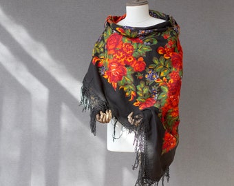 Reserved Black Russian cotton shawl with roses and autumn leaves | New old stock | Perfect for warmer seasons