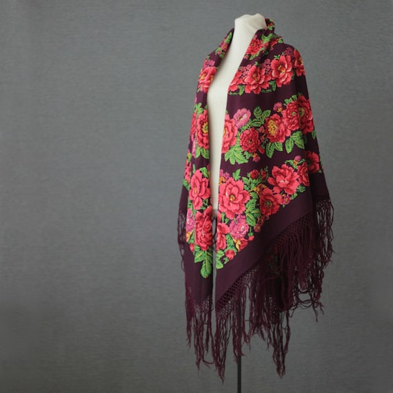 Bordeaux Russian shawl with defects | Hand block … - image 2