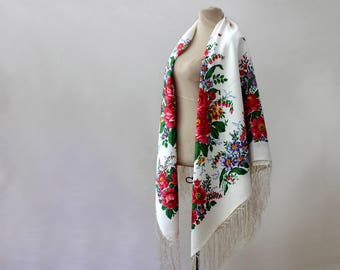 silk Russian shawl, white shawl with dahlias, summer shawl, lightweight throw, cottage shawl, vintage Russian scarf, silk cotton shawl NWT