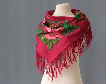 Red Russian shawl with roses and tobacco colored leaves