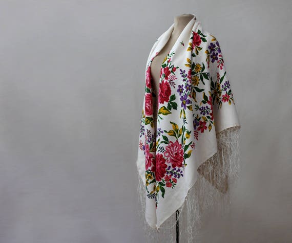 white Russian shawl, silk shawl, tasseled shawl, s