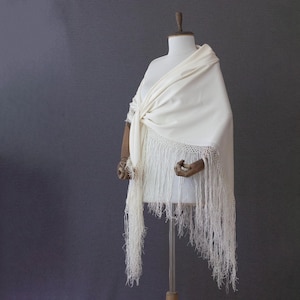 large silk fringed shawl, cream silk shawl, piano shawl, silk challis, bohemian, oversized silk shawl, cream, off white, silk wrap tassels