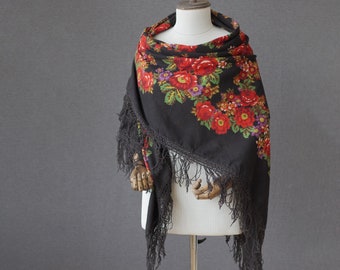 Mantón de algodón ruso negro con rosas / Lanzamiento de algodón puro, perfecto para verano u otoño