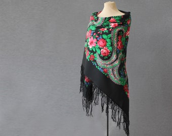 Russian shawl, black with with roses and ornament, folk art, large wool stole, babushka scarf, romantic feminine shawl with roses and lilies