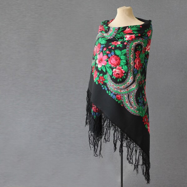 Russian shawl, black with with roses and ornament, folk art, large wool stole, babushka scarf, romantic feminine shawl with roses and lilies