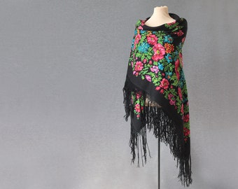 black Russian shawl, hand block printed floral wool throw with poppies