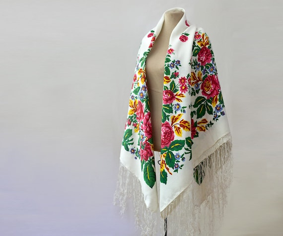 white Russian shawl, silk shawl, fringed shawl, w… - image 2