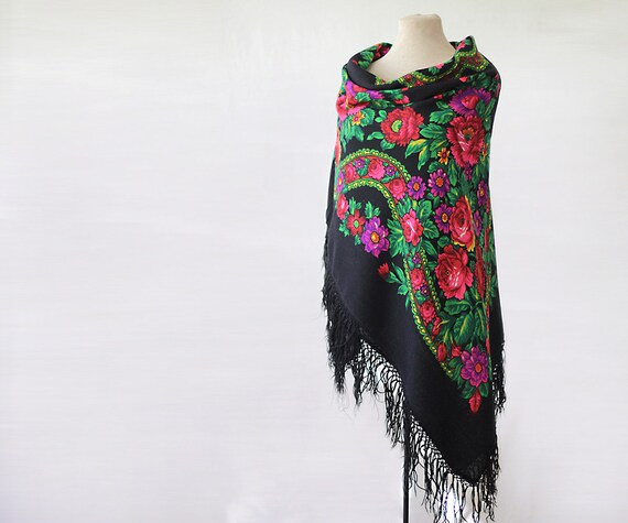 black Russian shawl with roses, dahlias and orname