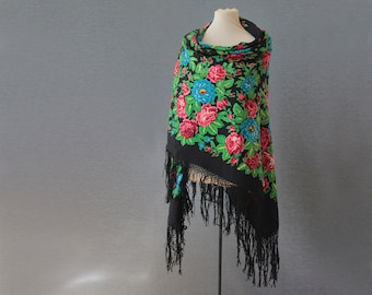 Black Russian shawl | Hand block printed floral wool throw | Rose garden shawl