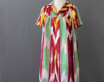 Seidenikat usbekisches Kleid | Handgewebtes Seidenkleid | Extra Small bis Medium, neuwertig