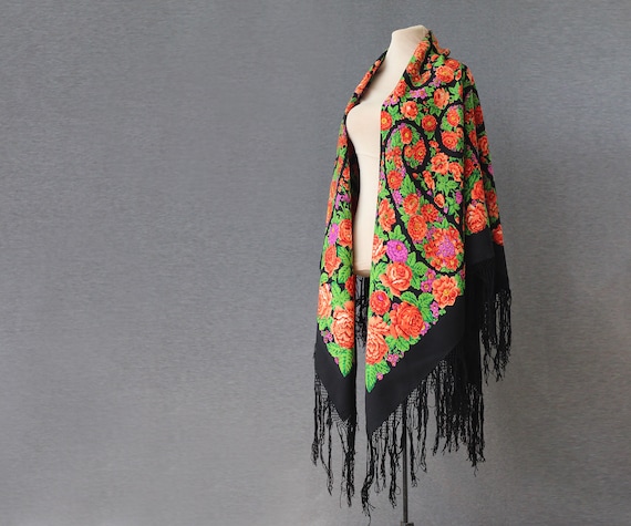 black Russian shawl with floral paisley, huge wool