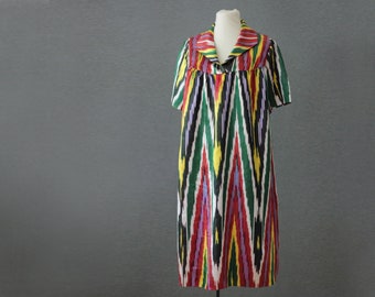 silk ikat Uzbek dress, loose fitting dress, green and yellow with red, Small through Large, NWOT