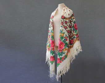 white Russian wool shawl WITH DEFECTS, gift for her, boho accessory, rustic chic throw, folk shawl with flowers, ethnic shawl