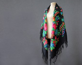 Black Russian shawl with bright pink roses and field flowers, flamenco shawl, folk style