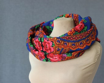 blue floral infinity scarf made from an upcycled vintage Russian shawl with a floral print No 200