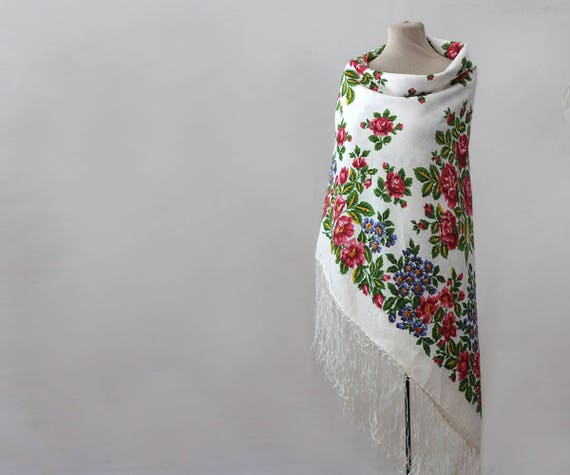 silk Russian shawl, white shawl with roses, summer