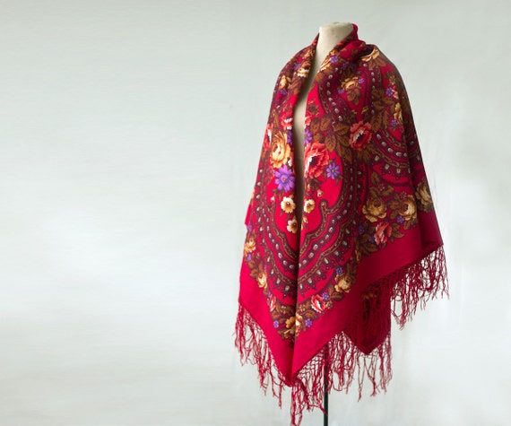 Ships from the US - dark red Russian shawl, rich … - image 1