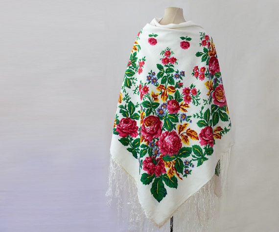 white Russian shawl, silk shawl, fringed shawl, w… - image 3