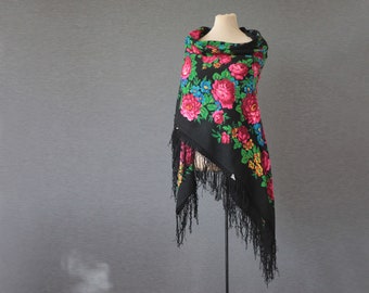 black Russian shawl with roses, folk art, large wool challis, piano shawl, gypsy shawl, new with a tag