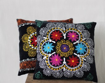 suzani pillow, 16x16, SET OF TWO, throw pillows, boho decor, embroidered pillows, floral needlework, cushion covers, black with green pink