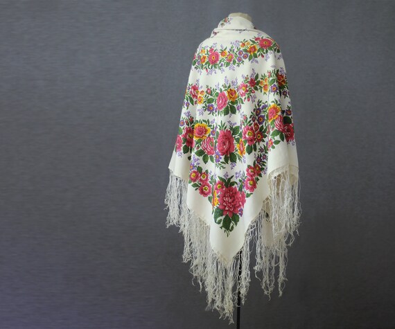 white silk Russian shawl with floral garlands mad… - image 5