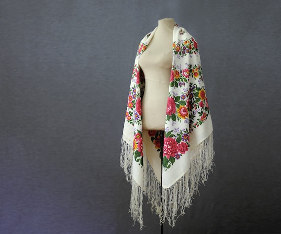 white silk Russian shawl with floral garlands mad… - image 1