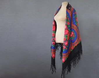 Blue Russian shawl with ornamental border and flowers | New with tag