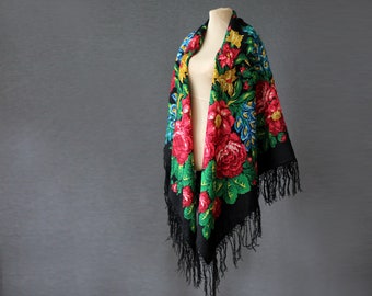 Black Russian shawl with bright pink roses and sword lilies | Folk wool throw