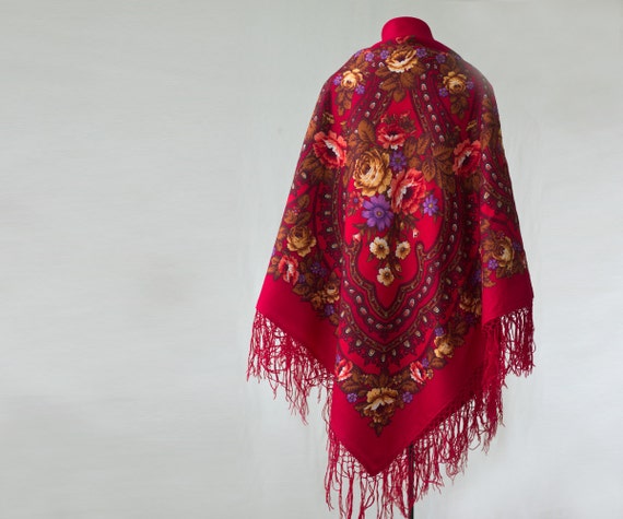 Ships from the US - dark red Russian shawl, rich … - image 3