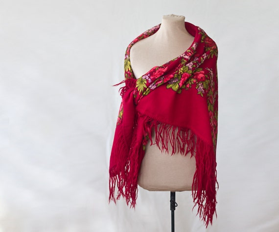 red Russian shawl, oversized shawl, red with roses