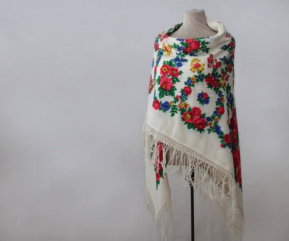 off white Russian shawl, flower garlands, wool sha