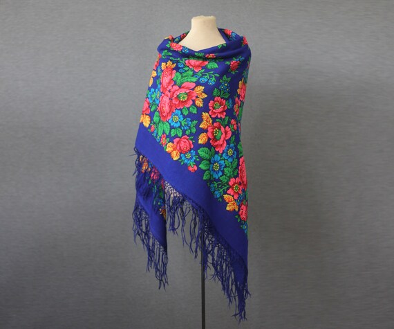 blue Russian shawl with green and pink, oversized