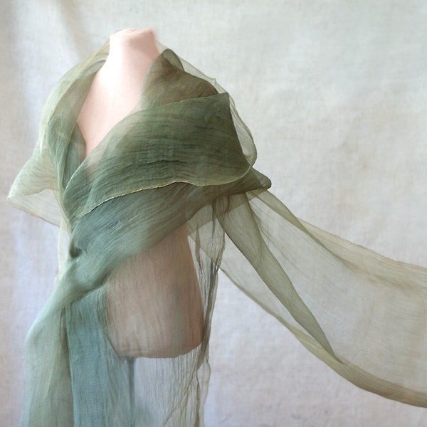 RESERVED - silk gauze fabric silk sheer toille chiffon green loden moss mossy Uzbek pure mulberry silk