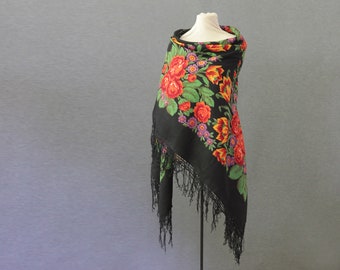 Slavic shawl, black floral shawl, fringed shawl, babushka, black with red roses and yellow tulips, folk rustic shawl