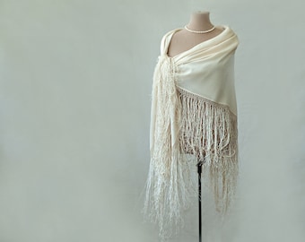 large silk fringed shawl, cream silk shawl, piano shawl, silk challis, bohemian, oversized silk shawl, cream, off white, silk wrap tassels