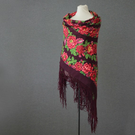 Bordeaux Russian shawl with defects | Hand block … - image 5
