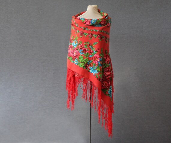 coral Russian shawl with roses, floral circles, fa