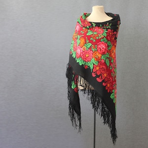 black and red Slavic shawl with roses and rowan berries, piano shawl, designer shawl, bohemian wrap NWOT