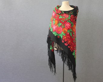 black and red Slavic shawl with roses and rowan berries, piano shawl, designer shawl, bohemian wrap NWOT