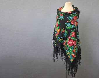 Russian shawl, black with with roses and field flowers, folk art, large wool challis, piano shawl, gypsy shawl, boho throw warm for winter