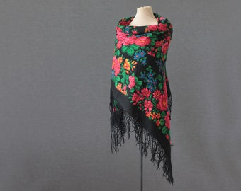 black Russian shawl with roses, piano shawl, flamenco shawl, large shawl, wool throw, tasseled shawl, piano shawl, "Beloved"