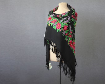 Russian shawl, thick and warm, black with with roses and lilac, folk art, designer shawl, floral wool wrap, chair throw, NWOT NOS