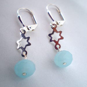 Jewish Star Earrings - Aquamarine Gemstone & Sterling Silver