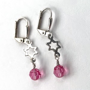 Jewish Star Earrings - silver and pink crystals