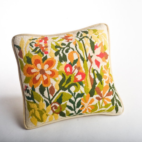 Vintage needlepoint pillow – stylized flowers mid-century cushion yellow, green, red