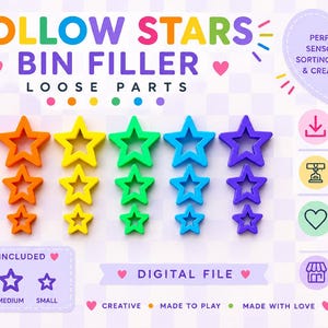 Könnte beinhalten: Eine digitale Datei für hohle Stern-Behälterfüller in sechs Regenbogenfarben, jeweils in drei Größen. Das Bild zeigt den Text HOLLOW STARS BIN FILLER LOOSE PARTS, DIGITAL FILE und 3 SIZES INCLUDED sowie Symbole für Download und 3D-Druck.